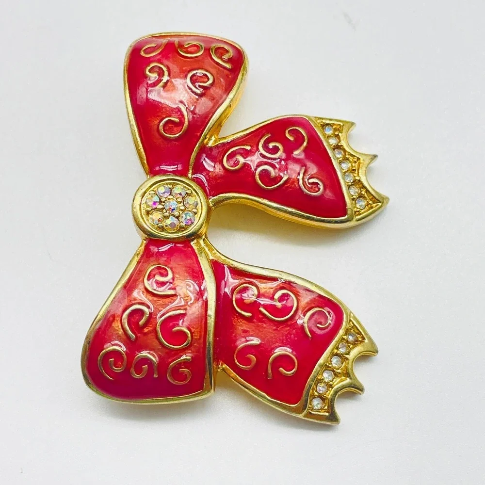 Vintage Bow Brooch Pin Red Enamel Gold Tone Scroll Accent Rhinestone Center Gift